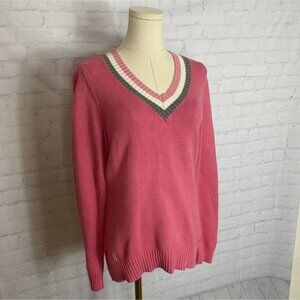 CLEARANCE Izod Pink White Grey Stripe V-Neck Knit Sweater S